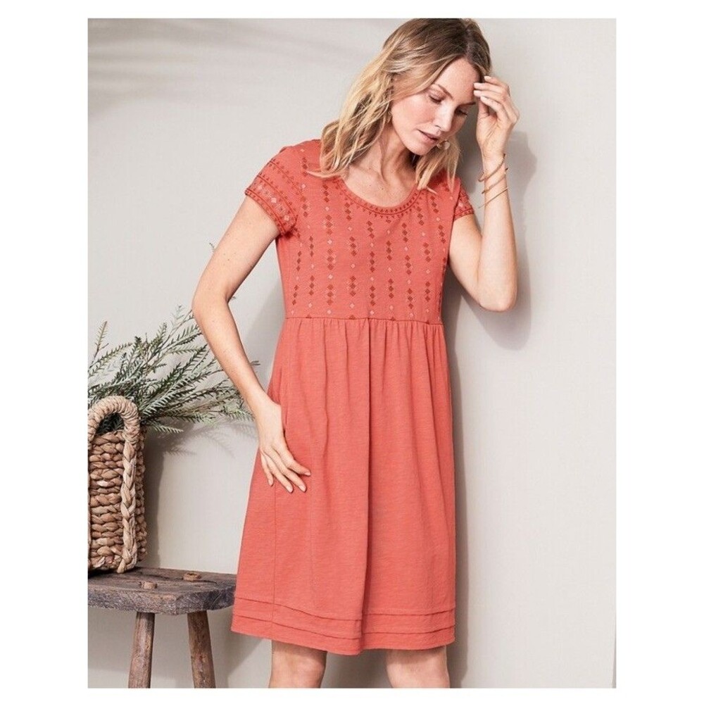 Garnet Hill Embroidered Organic Cotton Knit T Shirt Dress Size 14 Orange Pockets